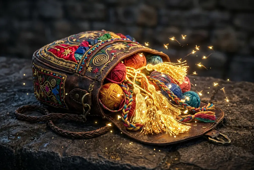 A glowing leather pouch overflowing with golden Tassels